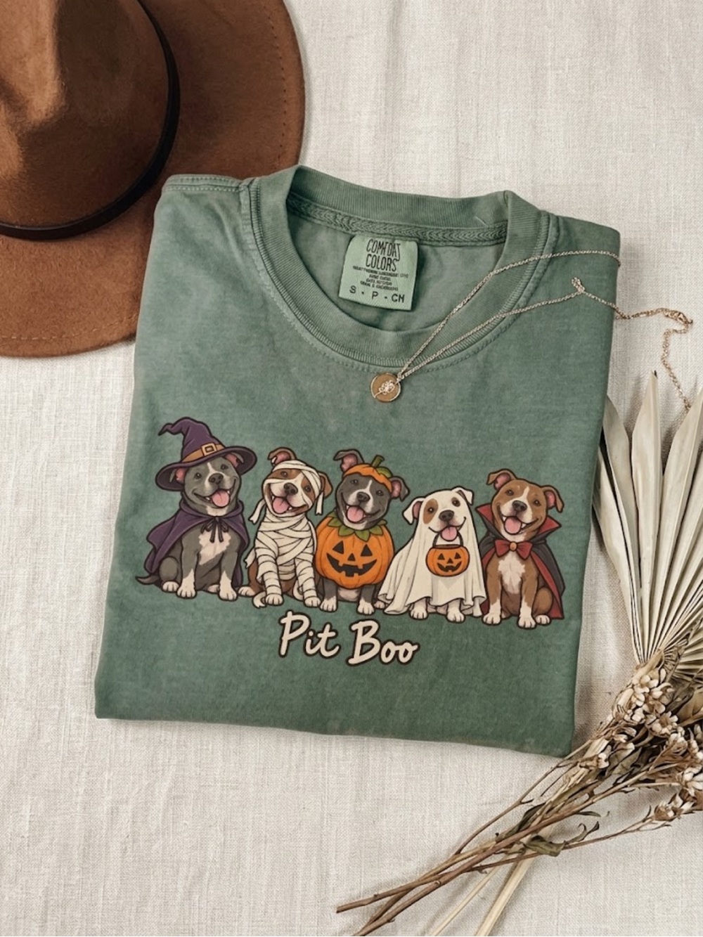 Comfort Colors Moss Green "Pit Boo" Halloween Pitbull Graphic Dog Tee